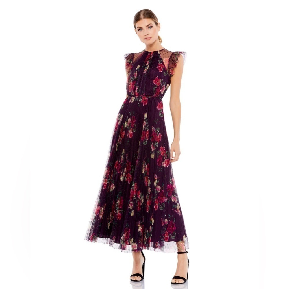 Mac Duggal 2143 NWT FLORAL FLUTTER SLEEVE MIDI DRESS